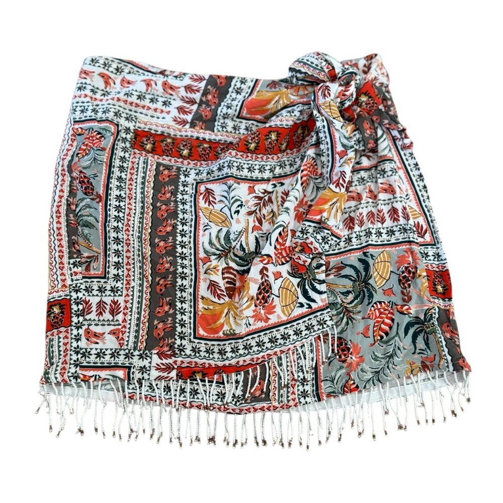 Patterned Wrap Beaded Fringe Skirt